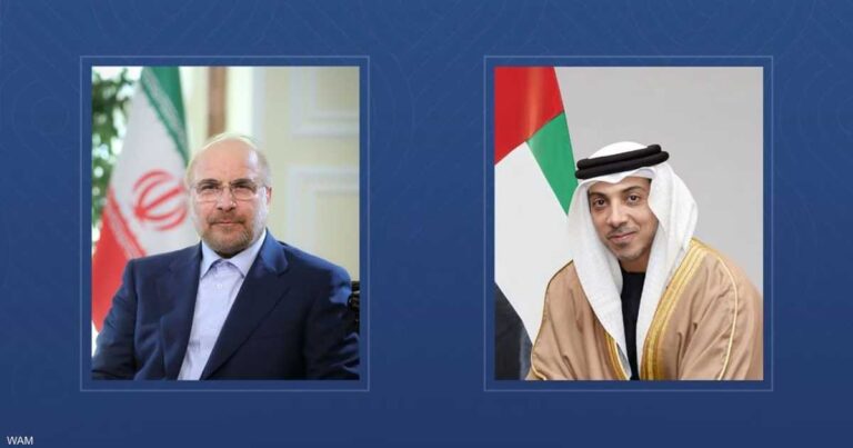 منصور بن زايد ورئيس البرلمان الإيراني يبحثان جهود خفض التصعيد وتعزيز السلام الإقليمي