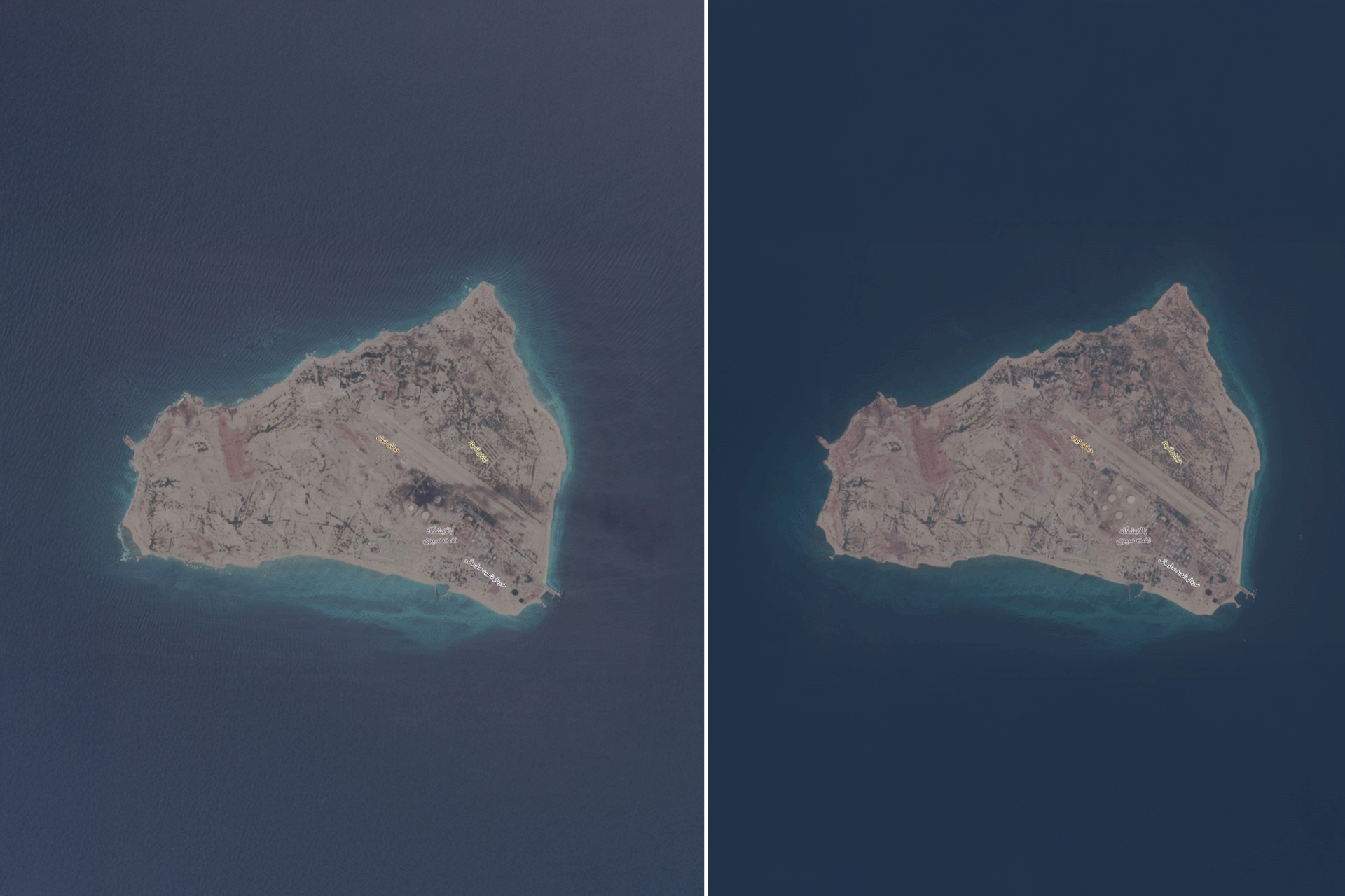 صور فضائية تكشف عن حريق ضخم في منشأة نفط استراتيجية بجزيرة سيري الإيرانية