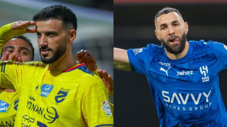 لحظة مميزة تجمع بنزيما وعمر السومة خلال مباراة الهلال والحزم في دوري روشن
